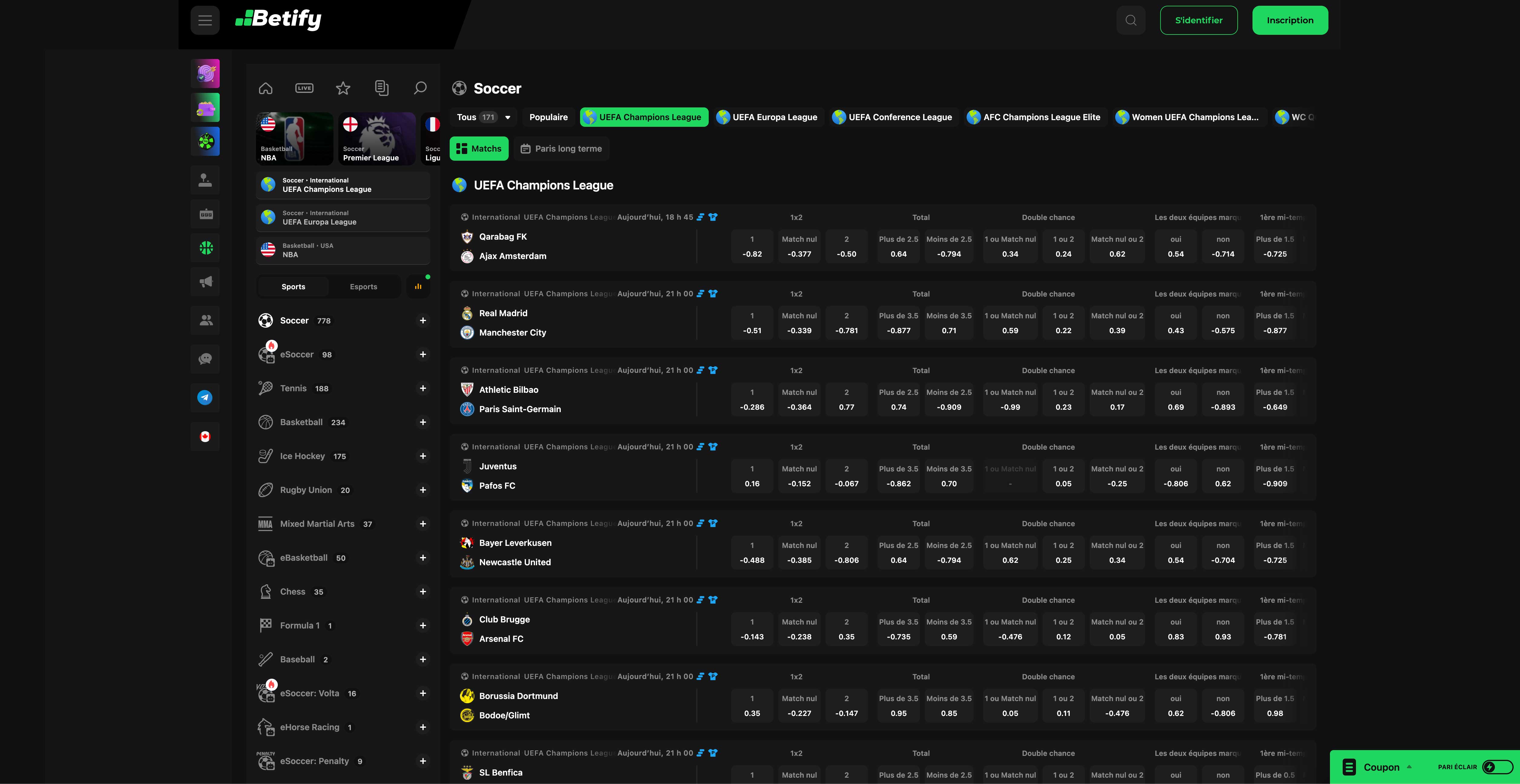 Paris Sportifs Betify - Bookmaker avec cotes compétitives et paris en direct Paris sportifs Betify - Cotes compétitives sur football, tennis, basketball et e-sport avec cash out et paris en direct